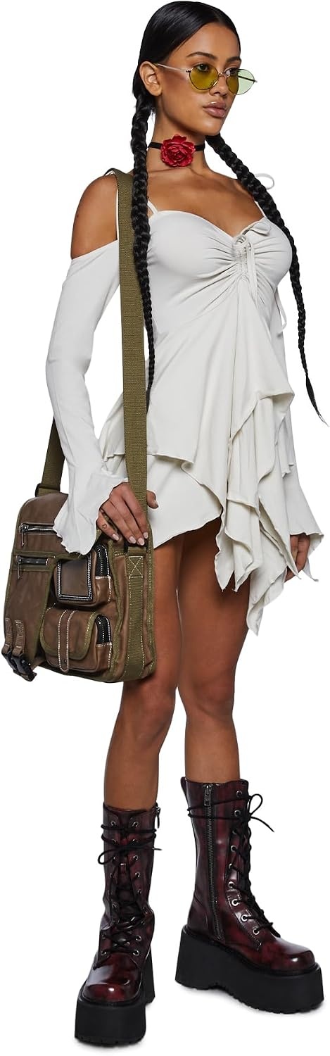 image:imageDolls Kill F is for Fairies Dress by Current Mood Fairycore Mini Dress with OffShoulder Sleeves Tie Straps and Ruched BustWhite
