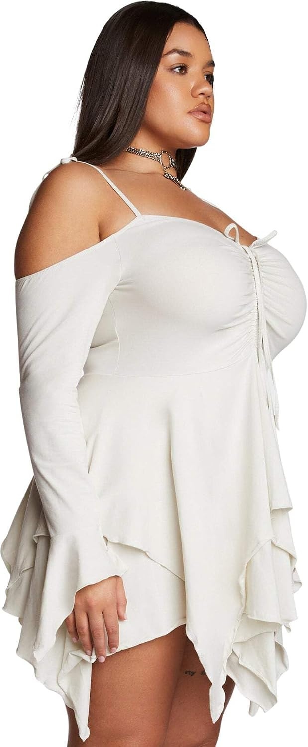 image:imageDolls Kill F is for Fairies Dress by Current Mood Fairycore Mini Dress with OffShoulder Sleeves Tie Straps and Ruched BustWhite