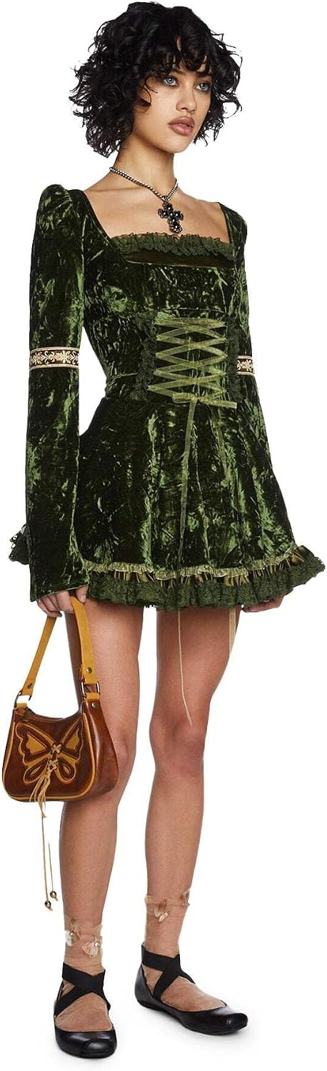 image:imageDolls Kill Myths N Legends Mini Dress by Current Mood Velour Dress with LaceUp Front amp Puff SleevesGreen