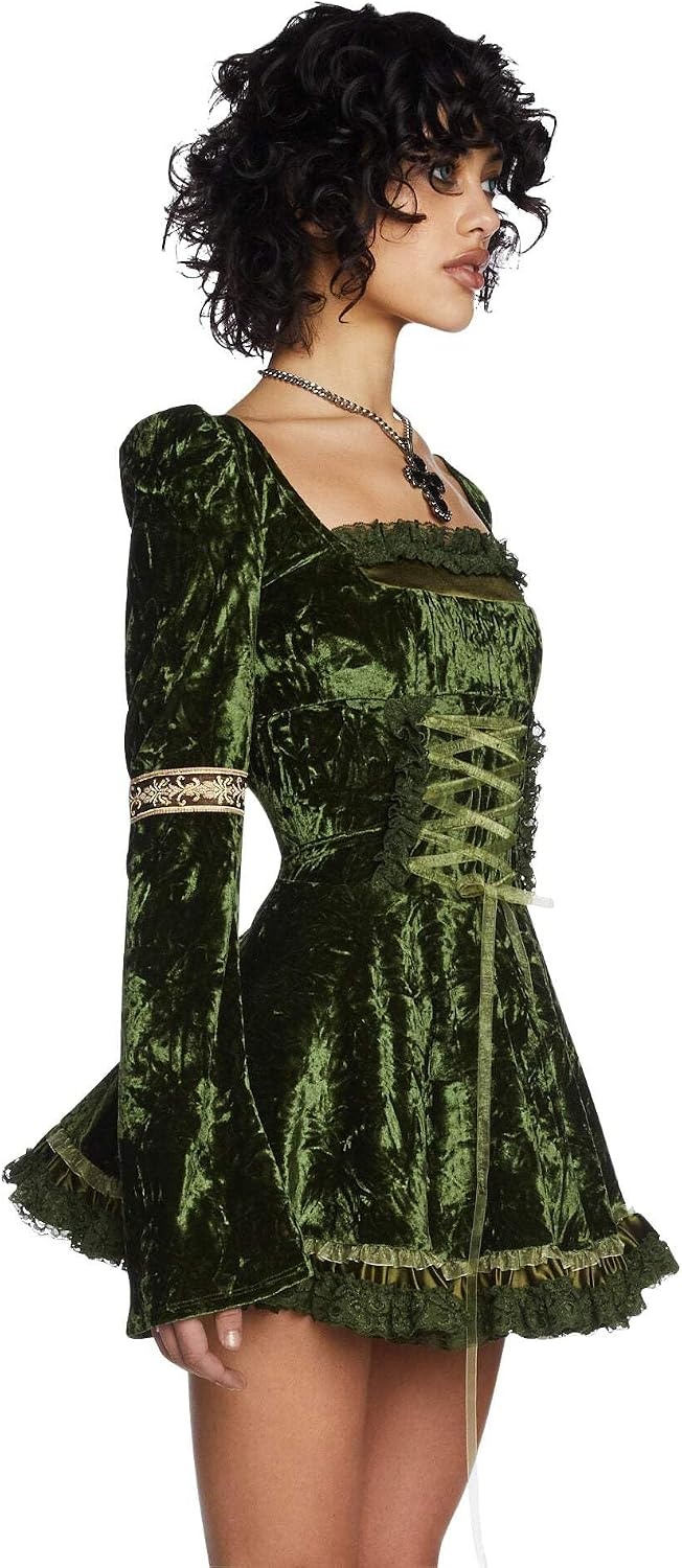 image:imageDolls Kill Myths N Legends Mini Dress by Current Mood Velour Dress with LaceUp Front amp Puff SleevesGreen