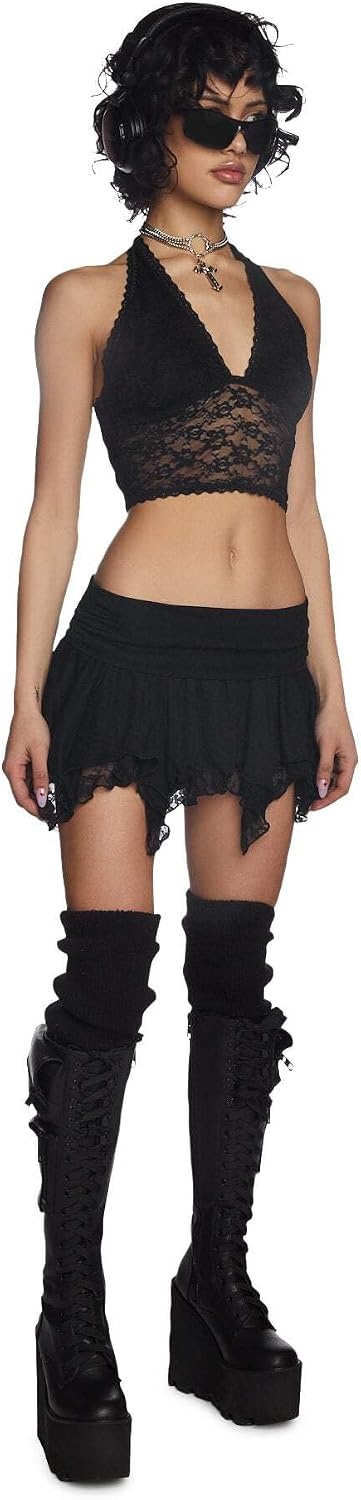 image:imageDolls Kill Tales of Fantasy Mini Skirt by Current Mood Stretchy Pleated Skirt with Ruffle Trim amp Elastic WaistbandBlack