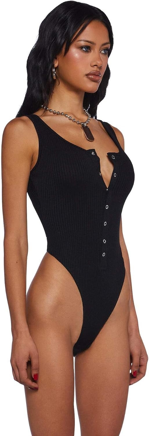 image:imageDolls Kill Werk The Mirror Tank Bodysuit by Poster Grl Ribbed Henley Bodysuit for Flirty Fashion