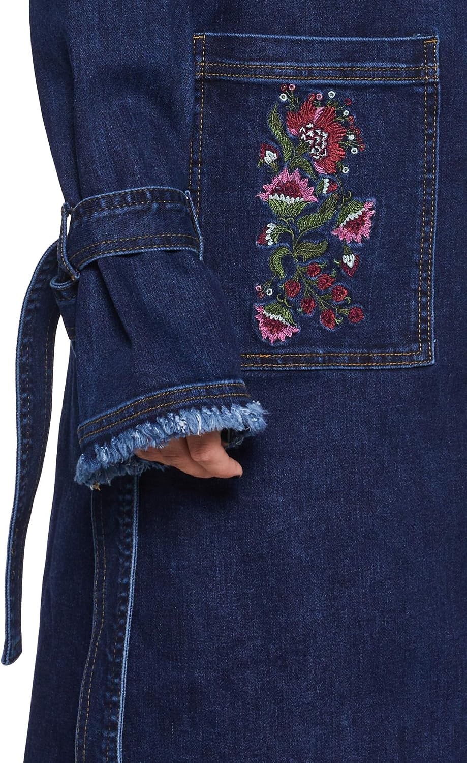 image:imageDolls Kill Woven Dreams Denim Trench Coat by Current Mod Floral Embroidered Stretch Denim with Faux Fur Collar BlueBlue