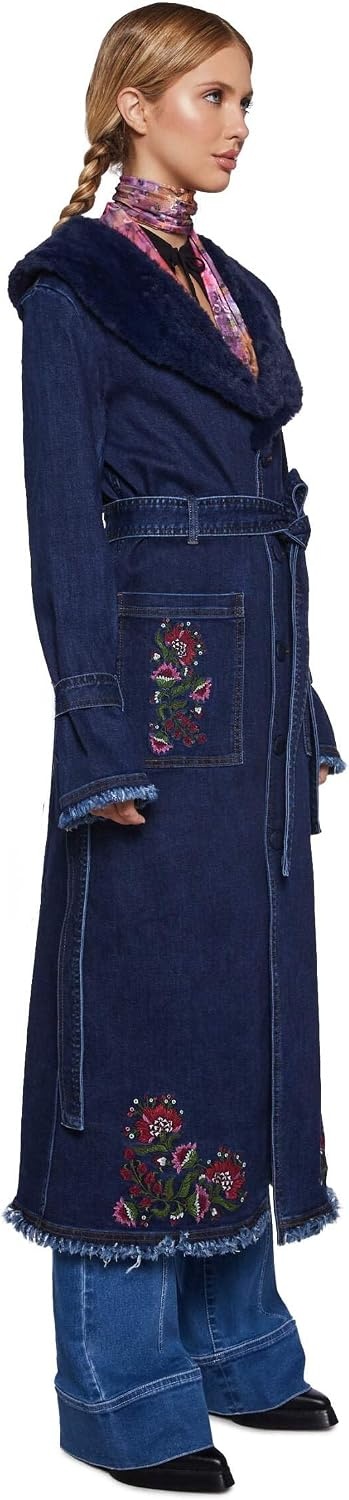 image:imageDolls Kill Woven Dreams Denim Trench Coat by Current Mod Floral Embroidered Stretch Denim with Faux Fur Collar BlueBlue