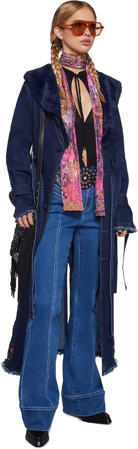 image:imageDolls Kill Woven Dreams Denim Trench Coat by Current Mod Floral Embroidered Stretch Denim with Faux Fur Collar BlueBlue