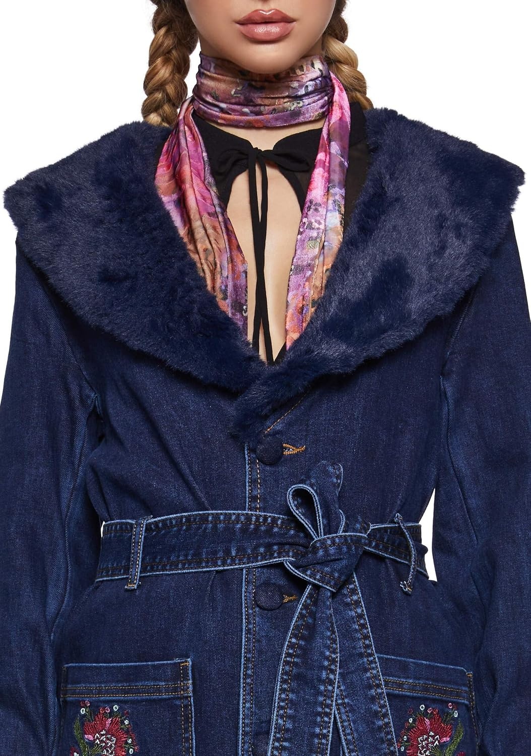 image:imageDolls Kill Woven Dreams Denim Trench Coat by Current Mod Floral Embroidered Stretch Denim with Faux Fur Collar BlueBlue