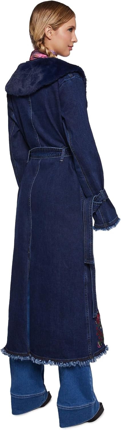 image:imageDolls Kill Woven Dreams Denim Trench Coat by Current Mod Floral Embroidered Stretch Denim with Faux Fur Collar BlueBlue