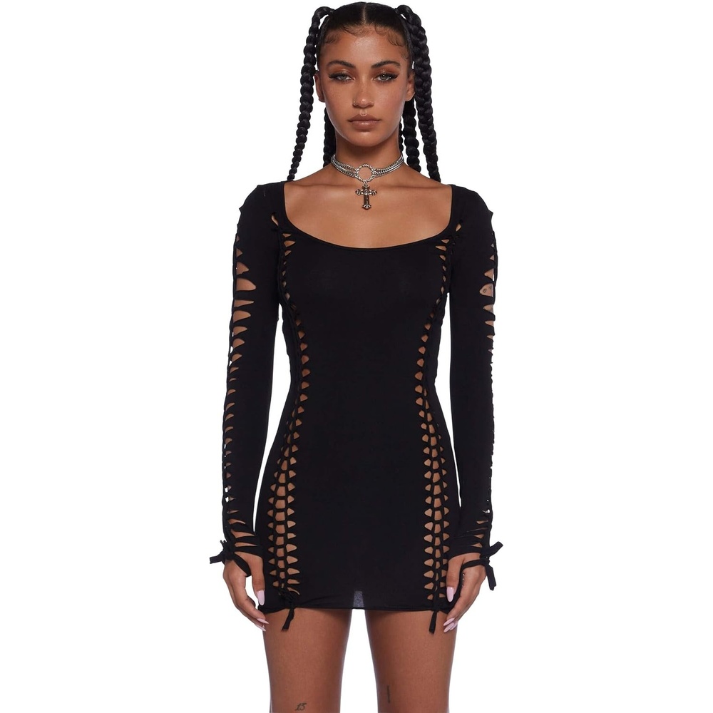 image:imageDolls Kill Alternative Spells CutOut Dress by Current Mood Stretch Cotton Mini Dress with Slashed Cutouts Long Sleeves and Tie DetailsBlack