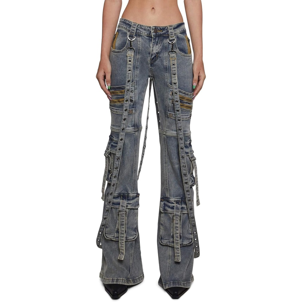 image:imageDolls Kill Aurora Cargo Jeans by Generation Kiss Low Rise Flared Denim Cargo Pants with Suspender Straps amp Zipper TrimBlue