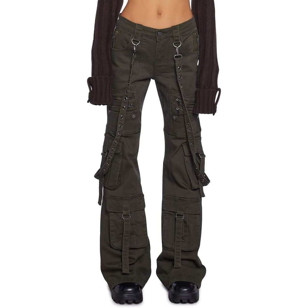 image:imageDolls Kill Aurora Cargo Jeans by Generation Kiss Low Rise Flared Denim Cargo Pants with Suspender Straps amp Zipper TrimGreen