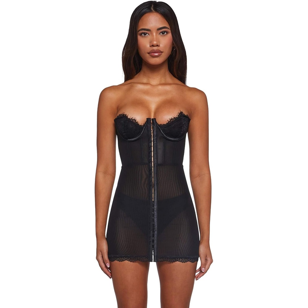 image:imageDolls Kill Captivating Gazes Slip Dress by Current Mood Mesh Slip Dress with Lace Trim Underwire Bust Structured Boning HookandEye Front and Mini SilhouetteDeep Black