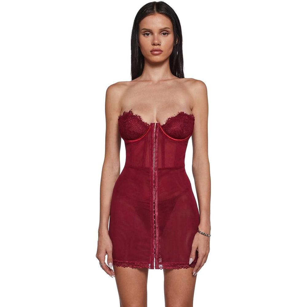 image:imageDolls Kill Captivating Gazes Slip Dress by Current Mood Mesh Slip Dress with Lace Trim Underwire Bust Structured Boning HookandEye Front and Mini SilhouetteRed