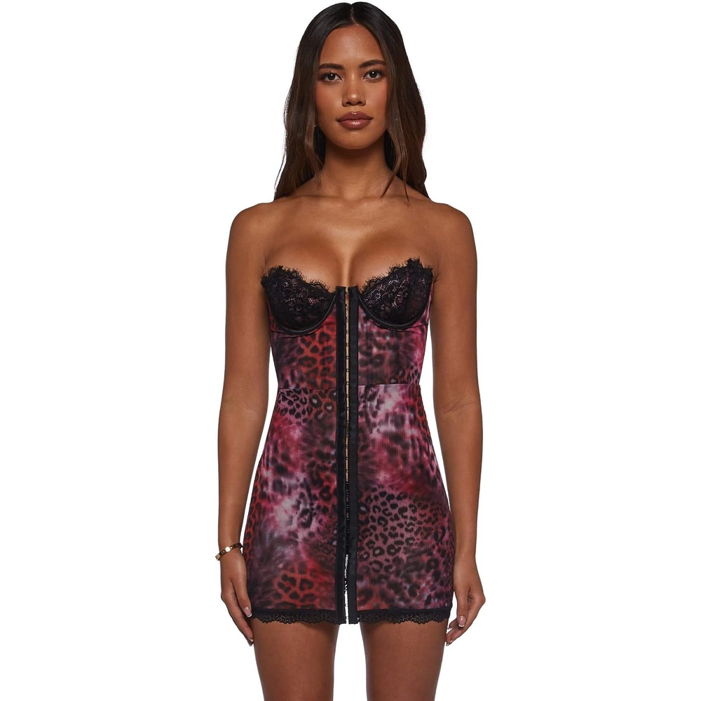 image:imageDolls Kill Captivating Gazes Slip Dress by Current Mood Mesh Slip Dress with Lace Trim Underwire Bust Structured Boning HookandEye Front and Mini SilhouettePink Leopard