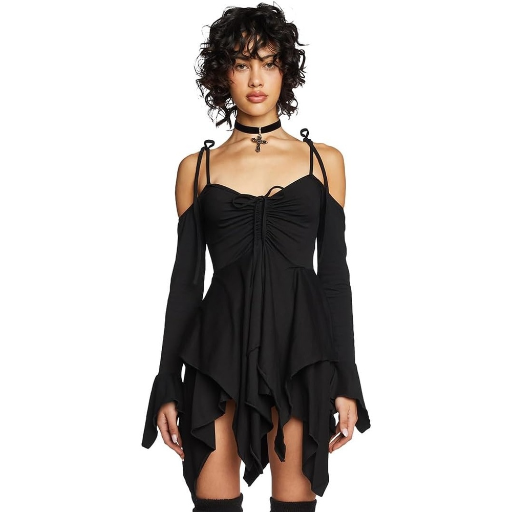 image:imageDolls Kill F is for Fairies Dress by Current Mood Fairycore Mini Dress with OffShoulder Sleeves Tie Straps and Ruched BustBlack