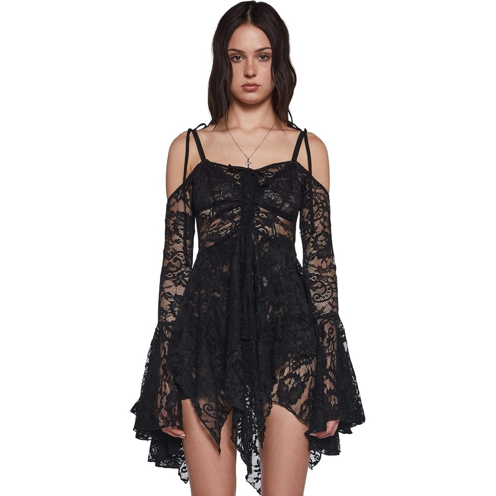 image:imageDolls Kill F is for Fairies Dress by Current Mood Fairycore Mini Dress with OffShoulder Sleeves Tie Straps and Ruched BustBlack Lace