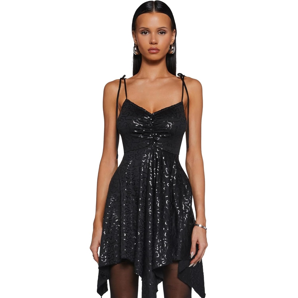 image:imageDolls Kill F is for Fairies Dress by Current Mood Fairycore Mini Dress with OffShoulder Sleeves Tie Straps and Ruched BustBlack Sequin
