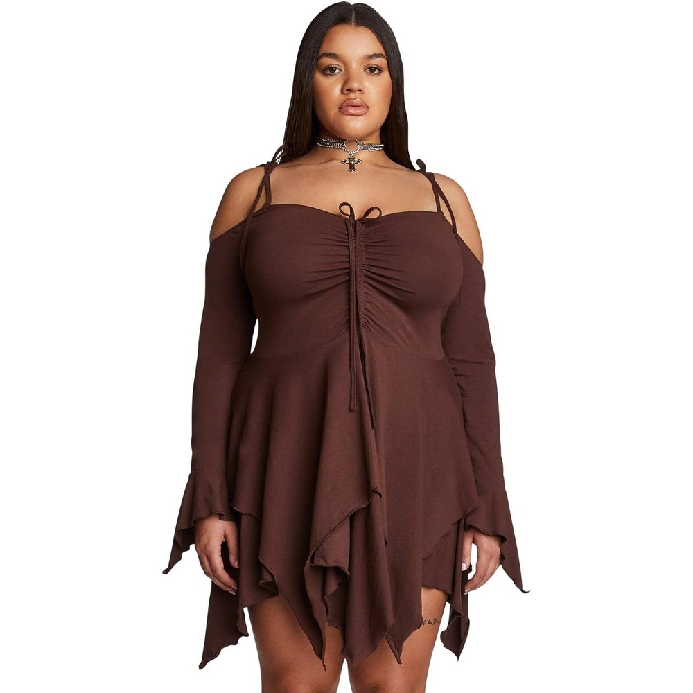 image:imageDolls Kill F is for Fairies Dress by Current Mood Fairycore Mini Dress with OffShoulder Sleeves Tie Straps and Ruched BustBrown