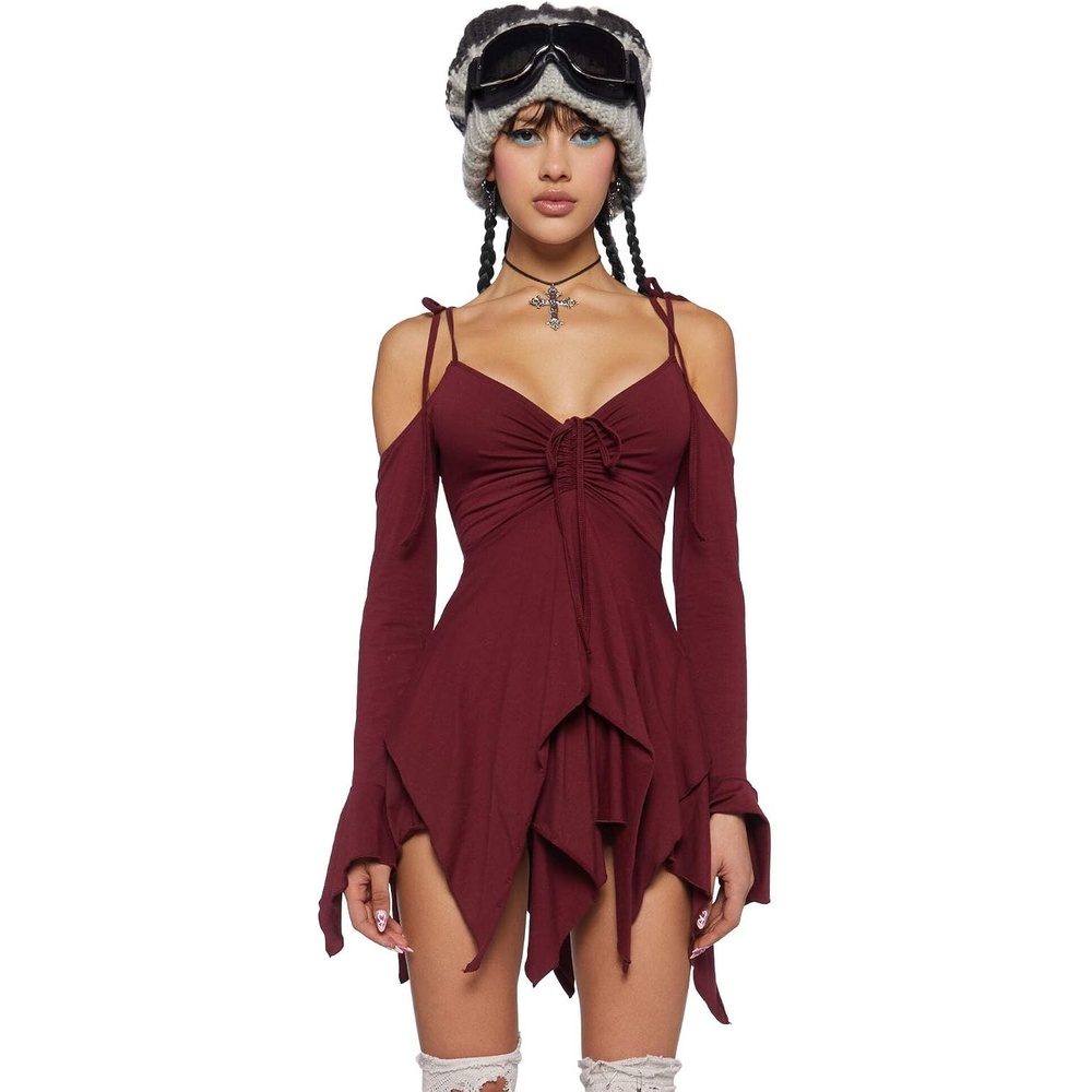 image:imageDolls Kill F is for Fairies Dress by Current Mood Fairycore Mini Dress with OffShoulder Sleeves Tie Straps and Ruched BustBurgundy