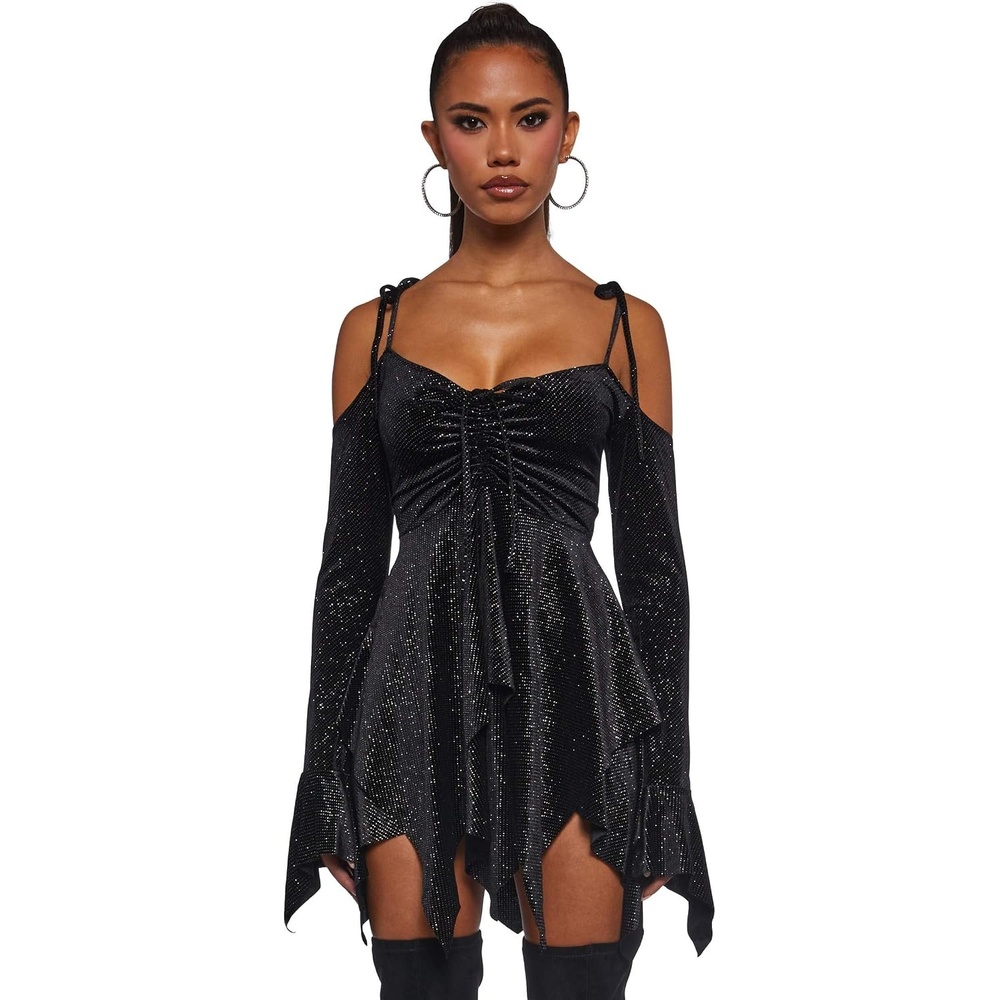 image:imageDolls Kill F is for Fairies Dress by Current Mood Fairycore Mini Dress with OffShoulder Sleeves Tie Straps and Ruched BustGlitter Velour