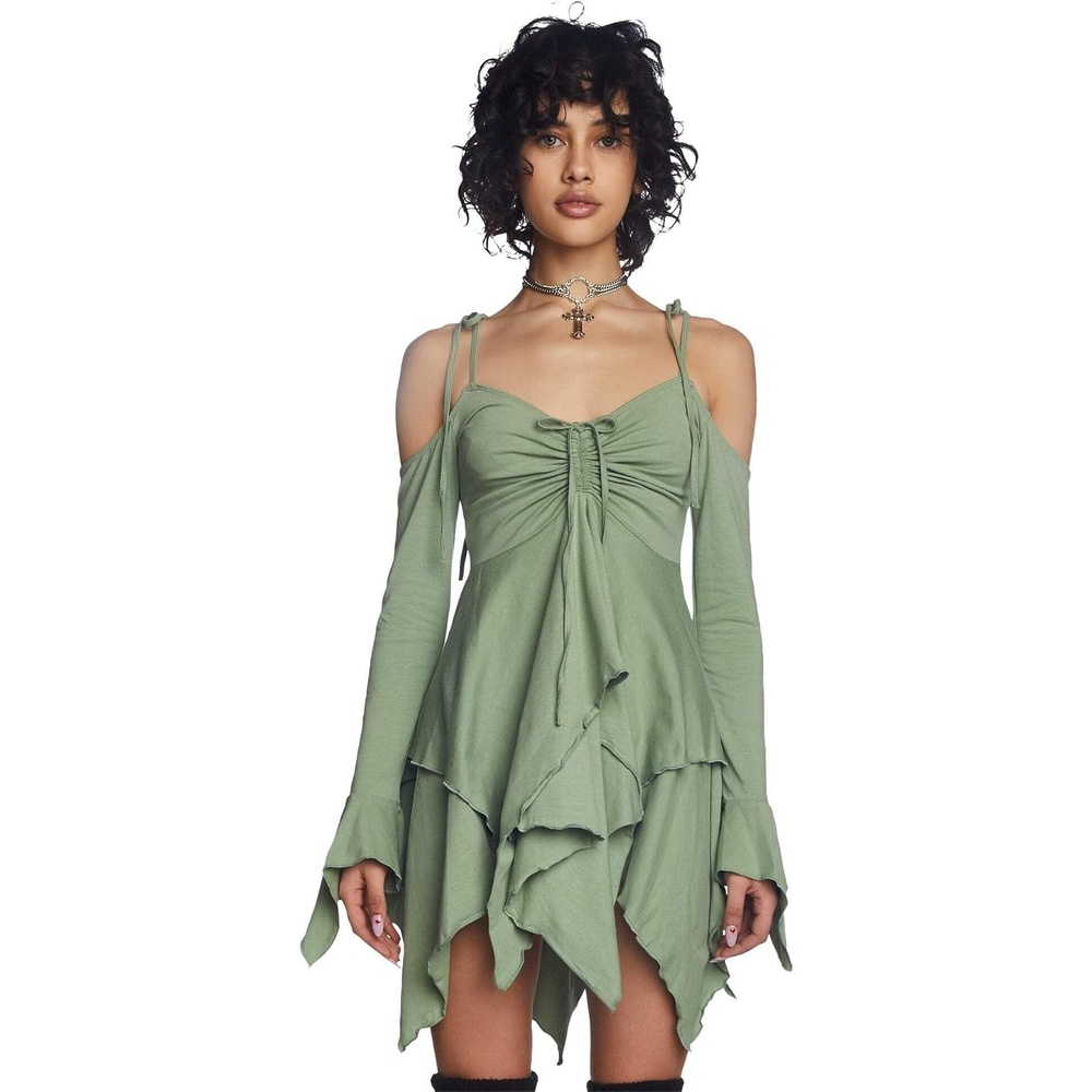image:imageDolls Kill F is for Fairies Dress by Current Mood Fairycore Mini Dress with OffShoulder Sleeves Tie Straps and Ruched BustGreen