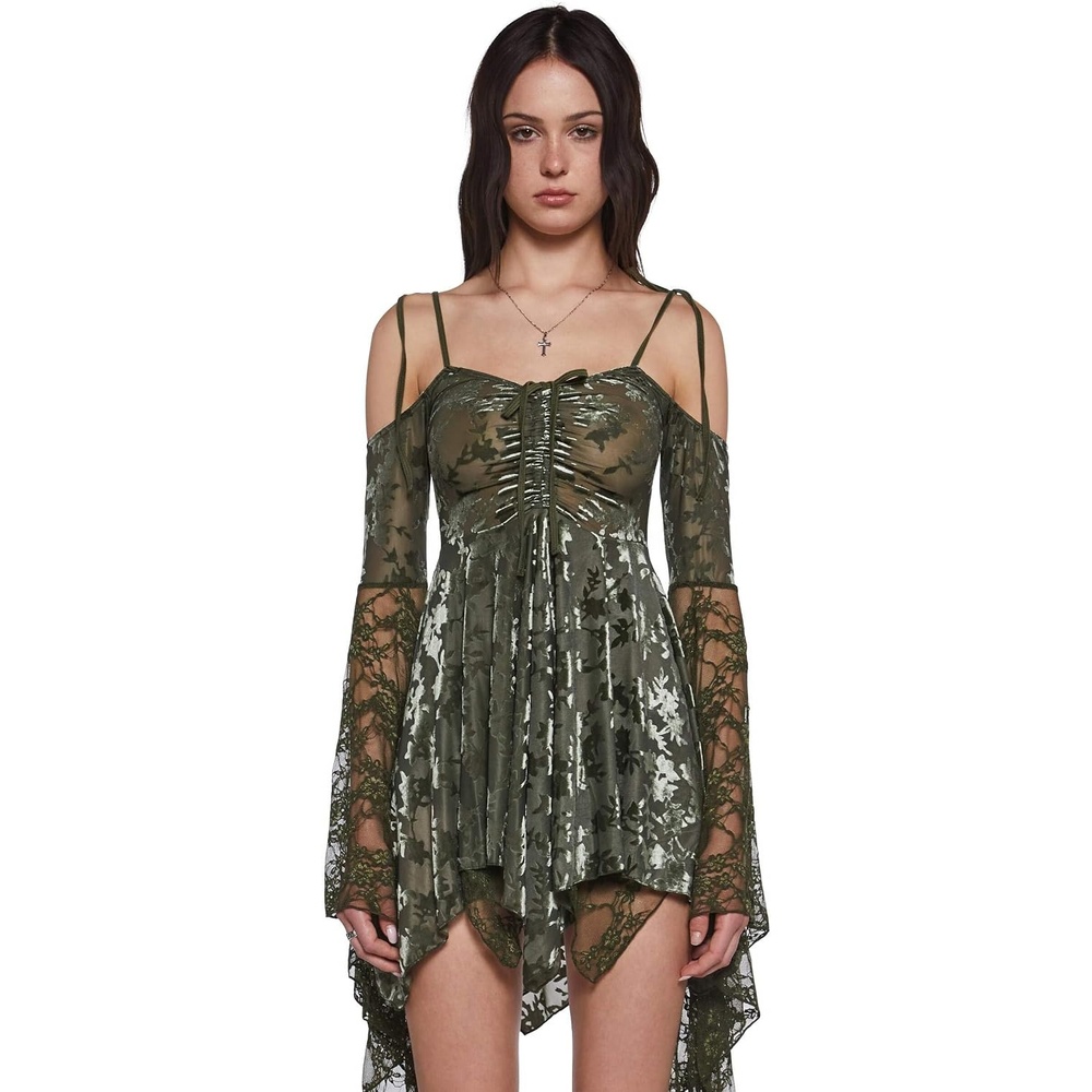 image:imageDolls Kill F is for Fairies Dress by Current Mood Fairycore Mini Dress with OffShoulder Sleeves Tie Straps and Ruched BustGreen Velvet Lace