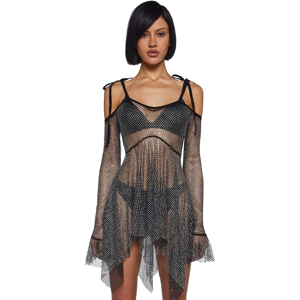 image:imageDolls Kill F is for Fairies Dress by Current Mood Fairycore Mini Dress with OffShoulder Sleeves Tie Straps and Ruched BustRhinestone