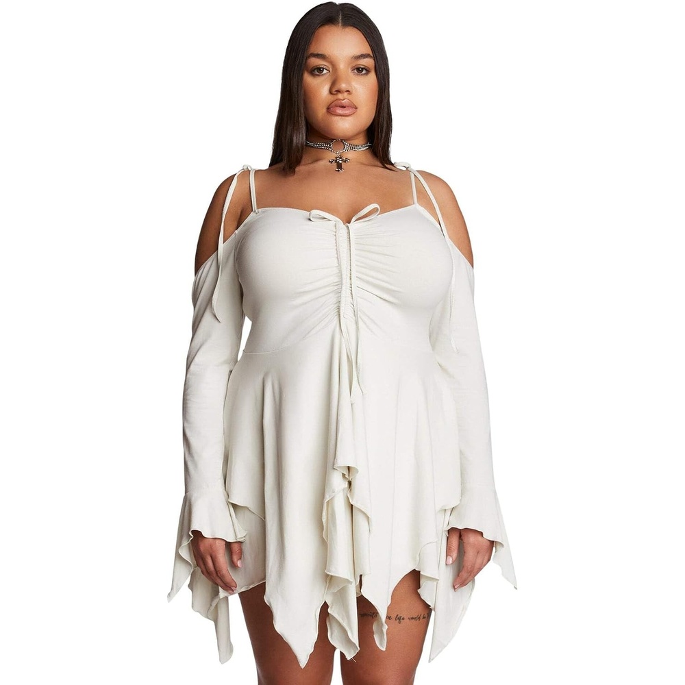 image:imageDolls Kill F is for Fairies Dress by Current Mood Fairycore Mini Dress with OffShoulder Sleeves Tie Straps and Ruched BustWhite