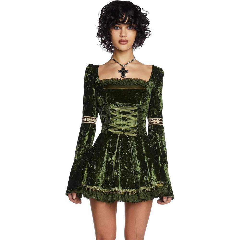 image:imageDolls Kill Myths N Legends Mini Dress by Current Mood Velour Dress with LaceUp Front amp Puff SleevesGreen