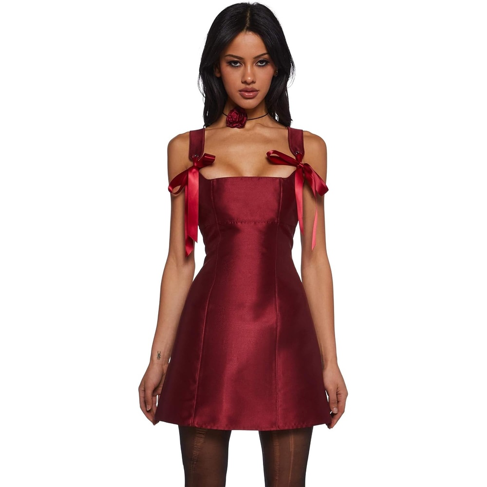 image:imageDolls Kill Pixie Stardust Mini Dress by Current Mood Taffeta Dress with Fit and Flare SilhouetteBurgundy