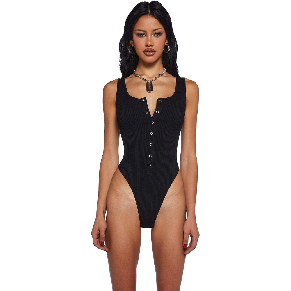 image:imageDolls Kill Werk The Mirror Tank Bodysuit by Poster Grl Ribbed Henley Bodysuit for Flirty Fashion