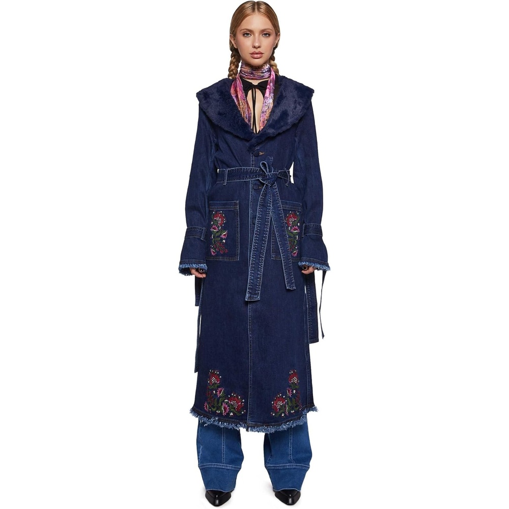 image:imageDolls Kill Woven Dreams Denim Trench Coat by Current Mod  Floral Embroidered Stretch Denim with Faux Fur Collar  BlueBlue