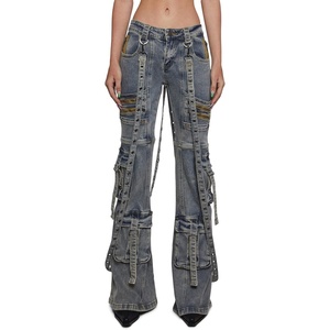 Dolls Kill Aurora Cargo Jeans by Generation Kiss – Low Rise Flared Denim Cargo Pants with Suspender Straps & Zipper Trim(Blue)