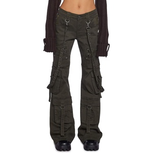 Dolls Kill Aurora Cargo Jeans by Generation Kiss – Low Rise Flared Denim Cargo Pants with Suspender Straps & Zipper Trim(Green)