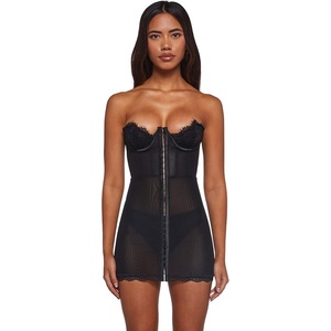 Dolls Kill Captivating Gazes Slip Dress by Current Mood | Mesh Slip Dress with Lace Trim, Underwire Bust, Structured Boning, Hook-and-Eye Front, and Mini Silhouette(Deep Black)