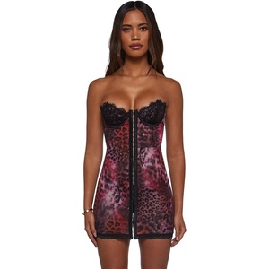Dolls Kill Captivating Gazes Slip Dress by Current Mood | Mesh Slip Dress with Lace Trim, Underwire Bust, Structured Boning, Hook-and-Eye Front, and Mini Silhouette(Pink Leopard)