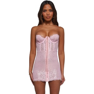 Dolls Kill Captivating Gazes Slip Dress by Current Mood | Mesh Slip Dress with Lace Trim, Underwire Bust, Structured Boning, Hook-and-Eye Front, and Mini Silhouette(Pink)