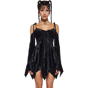 Dolls Kill F is for Fairies Dress by Current Mood | Fairycore Mini Dress with Off-Shoulder Sleeves, Tie Straps, and Ruched Bust(Black Velvet)