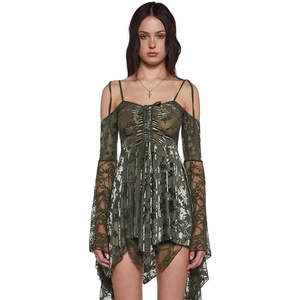 Dolls Kill F is for Fairies Dress by Current Mood | Fairycore Mini Dress with Off-Shoulder Sleeves, Tie Straps, and Ruched Bust(Green Velvet Lace)