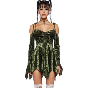 Dolls Kill F is for Fairies Dress by Current Mood | Fairycore Mini Dress with Off-Shoulder Sleeves, Tie Straps, and Ruched Bust(Olive Velvet)