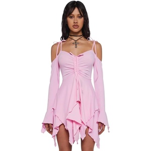 Dolls Kill F is for Fairies Dress by Current Mood | Fairycore Mini Dress with Off-Shoulder Sleeves, Tie Straps, and Ruched Bust(Pink)