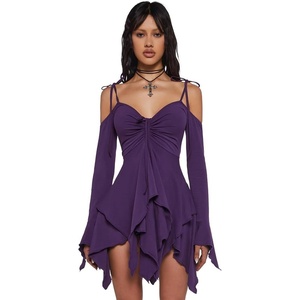 Dolls Kill F is for Fairies Dress by Current Mood | Fairycore Mini Dress with Off-Shoulder Sleeves, Tie Straps, and Ruched Bust(Violet)