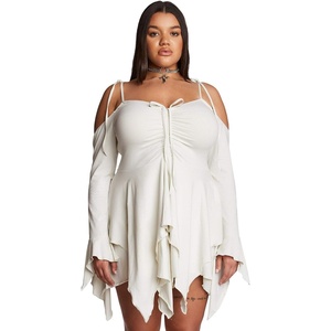 Dolls Kill F is for Fairies Dress by Current Mood | Fairycore Mini Dress with Off-Shoulder Sleeves, Tie Straps, and Ruched Bust(White)