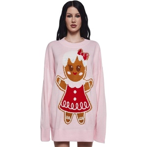 Dolls Kill Family Fables Oversized Sweater – Gingerbread Girl Graphic Knit Holiday Pullover(Gingerbread)