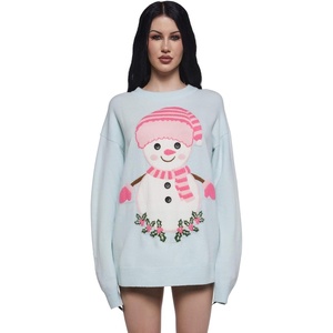 Dolls Kill Frosty Dreams Intarsia Sweater – Oversized Holiday Snowman Knit Pullover – Light Blue(Light Blue)