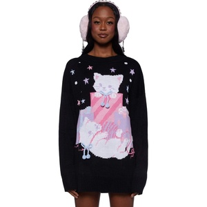 Dolls Kill Smitten Kittens Oversized Sweater – Cozy Knit Holiday Pullover with Intarsia Cat Graphic – Black(Black)