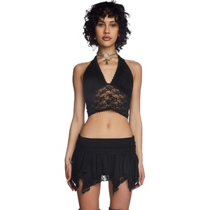 Dolls Kill Tales of Fantasy Halter Top by Current Mood – Lace Crop Top with Adjustable Tie Closures and Delicate Details(Black)