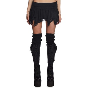 Dolls Kill Tales of Fantasy Mini Skirt by Current Mood – Stretchy Pleated Skirt with Ruffle Trim & Elastic Waistband(Black)