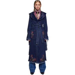 Dolls Kill Woven Dreams Denim Trench Coat by Current Mod – Floral Embroidered Stretch Denim with Faux Fur Collar – Blue(Blue)