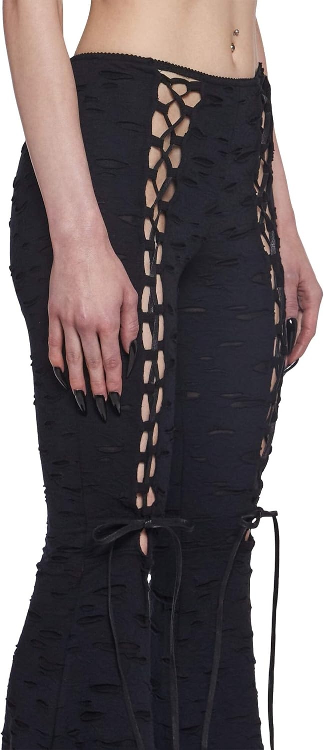 image:imageDolls Kill Beyond The Woods Flare Pants by Widow Gothic Flare Pants with LaceUp Sides Shredded Details and Wide LegBlack