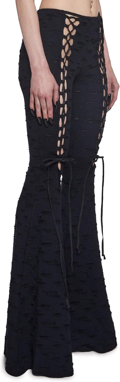 image:imageDolls Kill Beyond The Woods Flare Pants by Widow Gothic Flare Pants with LaceUp Sides Shredded Details and Wide LegBlack